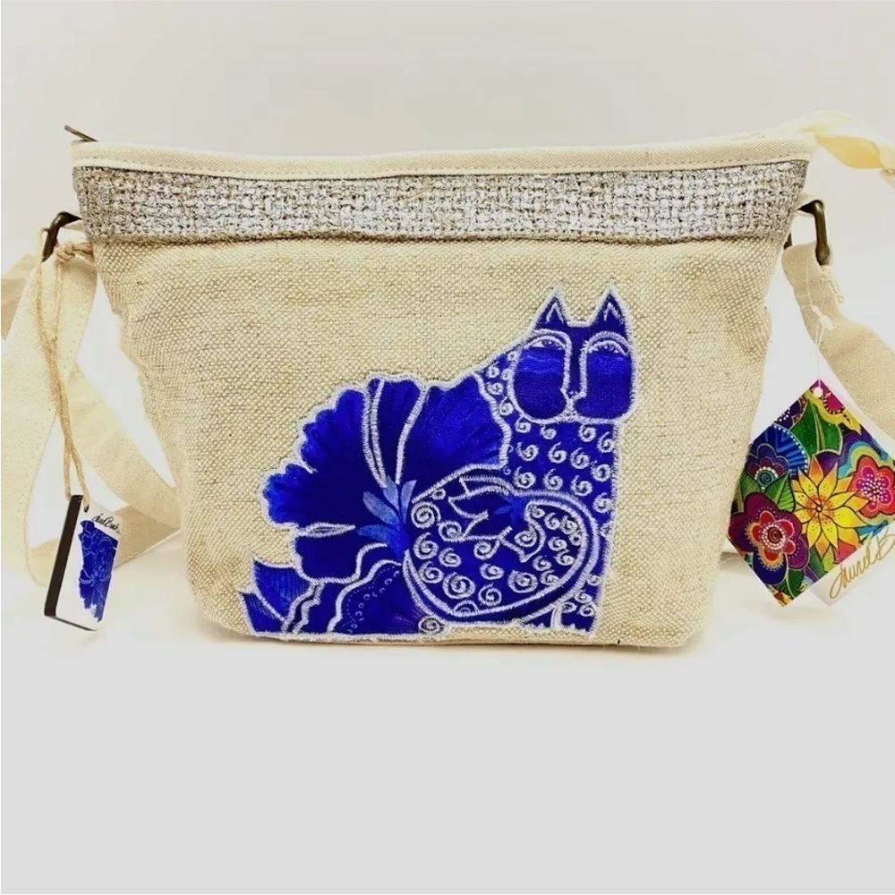 NWT Laurel Burch Blossoming Felines Blue Cat Jute Crossbody Purse Bag Handbag